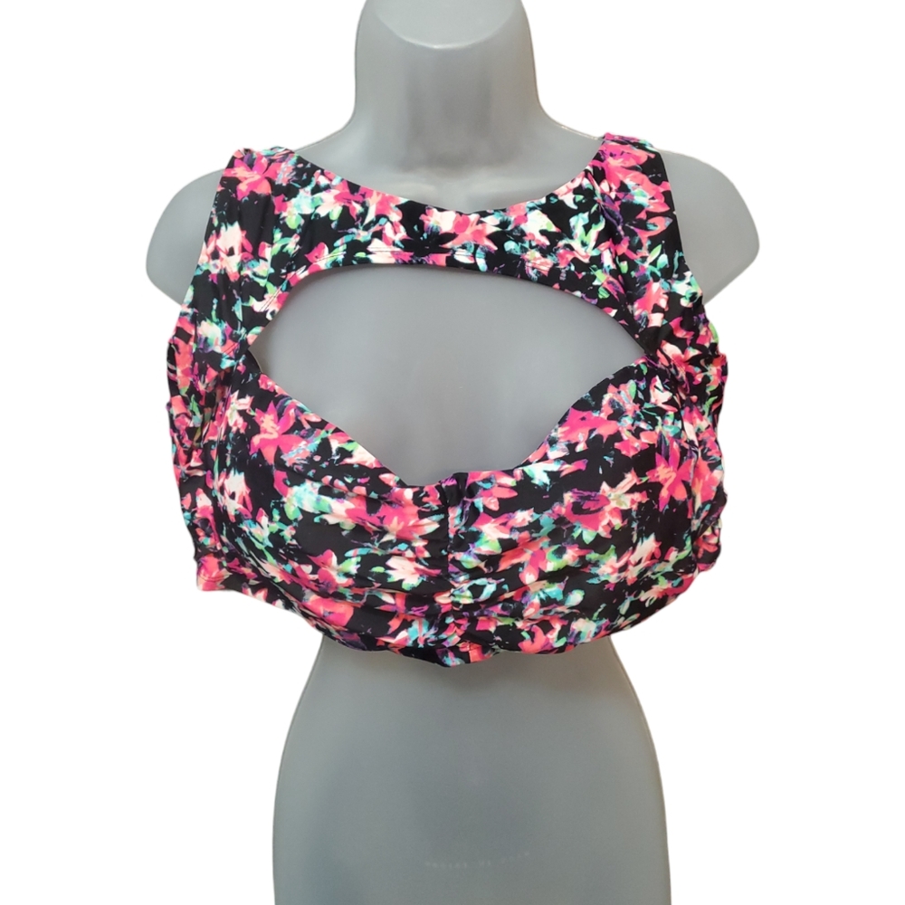 Moxi Blu Floral Pink And Black Cutout Swim Top